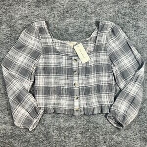 Sim & Sam Plaid Smocked Crop Top Womens Small Gray Button Front Boho Cottagecore